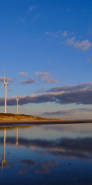 Wind Turbines Reflected in the Serene Lake