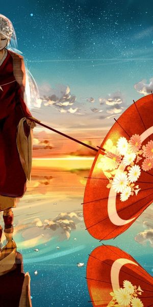 Rin Kagamine in Traditional Costume with Umbrella at Sunset