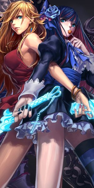 Vibrant iPhone wallpaper with anime characters, weapons, and bold colors