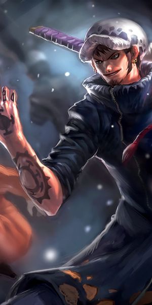Dynamic One Piece Wallpaper Featuring Bepo and Trafalgar Law with Katana