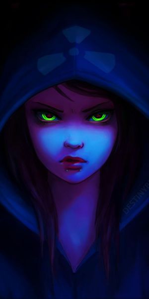 Anime-inspired iPhone wallpaper featuring a girl with green eyes in a hoodie