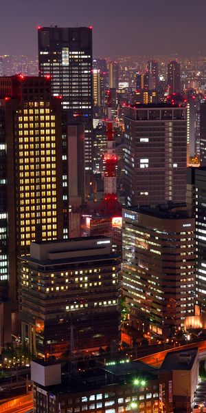 Phone wallpaper: Osaka, Japan, Skyscraper, Cities, Man Made, Night, City free download