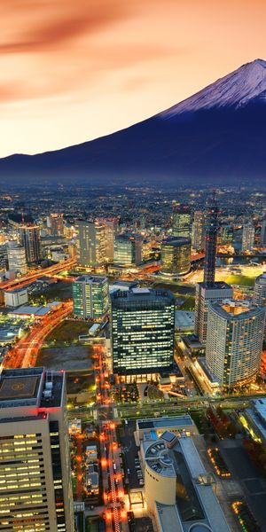 Phone wallpaper: Cities, City, Skyscraper, Building, Japan, Cityscape, Yokohama, Mount Fuji, Man Mad