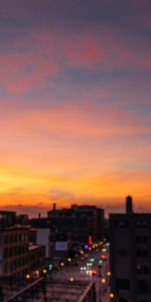 Phone wallpaper: Blur, City, Building, Miscellanea, Miscellaneous, Smooth, Sunset, Glare free downlo