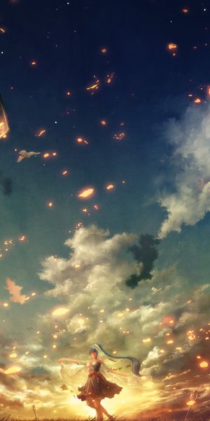 Enchanting HD Mobile Wallpaper: Anime Girl, Sunset, and Birds in the Sky
