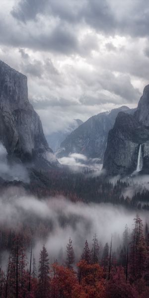 Foggy Mountain Landscape with Waterfalls for Stunning Phone Wallpaper