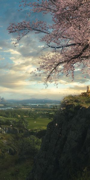 Phone wallpaper: Landscape, Fantasy, Mountain, Tree, Blossom free download