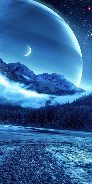 Fantastic Winter Landscape with Glowing Planets and Starry Night