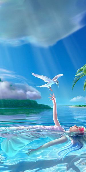 Free phone wallpaper featuring a serene beach scene with women and palm trees