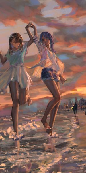 Phone wallpaper: Anime, Sunset, Beach, Girl free download