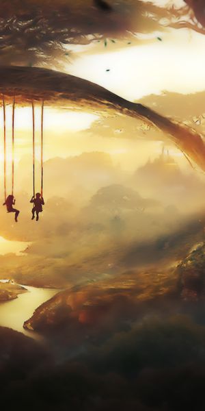 Children Swinging in a Fantasy Forest Landscape with Waterfalls