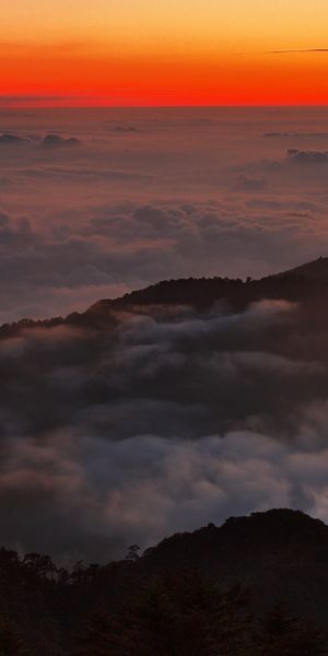 Phone wallpaper: Landscape, Nature, Sunset, Mountains, Twilight, Horizon, Mountain, Fog, Earth, Dusk