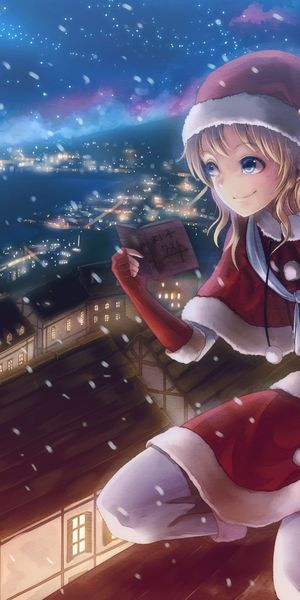Phone wallpaper: Pantyhose, Snowfall, Christmas, Glove, Skirt, Smile, Night, Anime free download