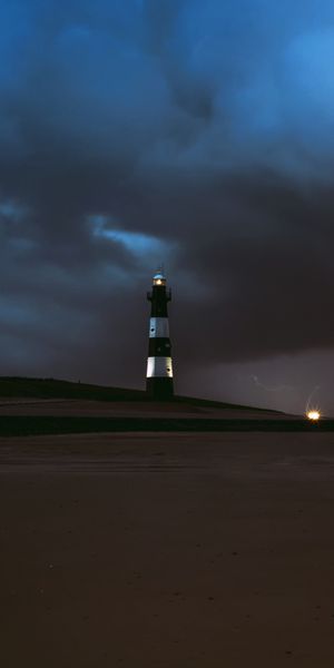 Phone wallpaper: Night, Beach, Sand, Horizon, Lighthouse, Man Made free download