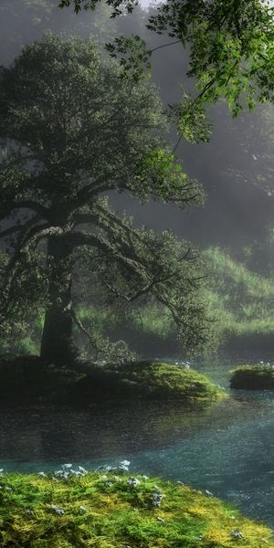Serene Fantasy Landscape Featuring a Majestic Waterfall and Tree