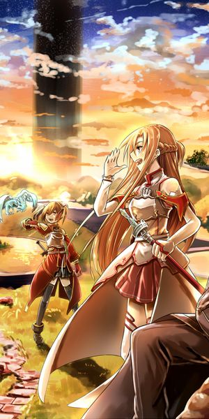 Epic Sword Art Online wallpaper featuring Asuna Yuuki and Kirito at sunset