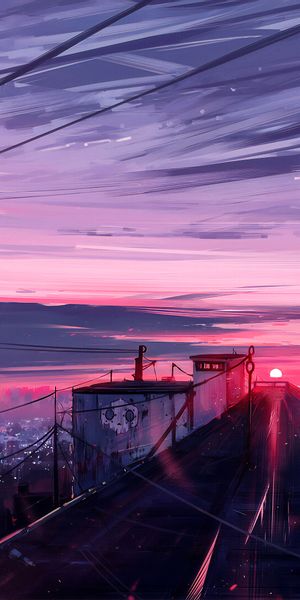 Anime Girl Sitting on Rooftop at Sunset Over Cityscape