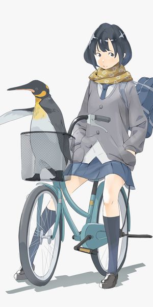 Anime Girl Riding Bicycle with Penguin - Charming Mobile Wallpaper