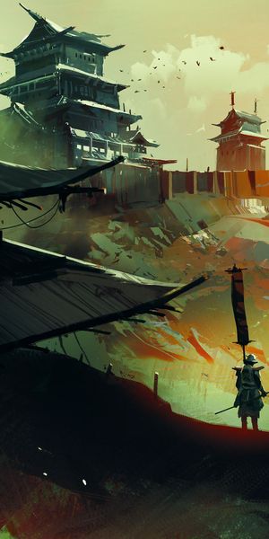 Epic Samurai Scene Featuring a Pagoda and Temple