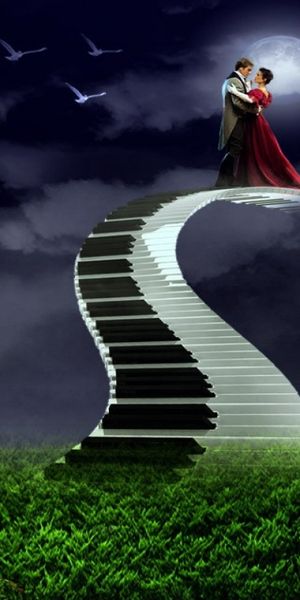 Majestic Romantic Night Music Scene with Dance, Guitar, and Piano