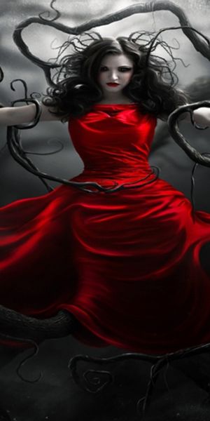 Gothic Phone Wallpaper: Enigmatic Figure in a Dark Dress Amidst Twisted Branches
