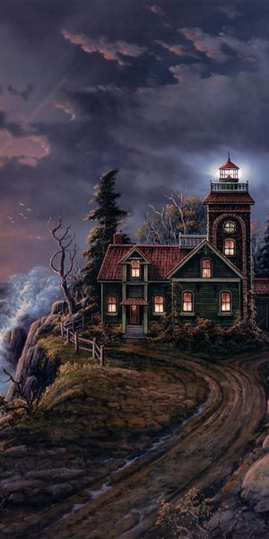 Dramatic Lighthouse Landscape at Sunset with Stormy Seas
