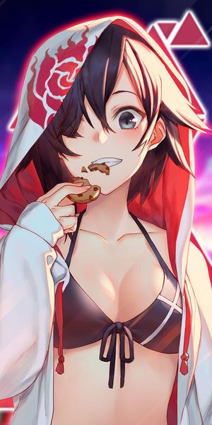 Anime Girl in Bikini with Hoodie Enjoying a Cookie