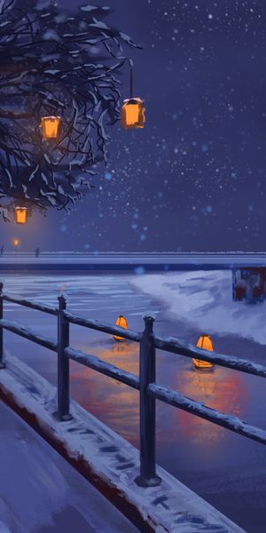 A Beautiful Winter Scene with a Lonely Figure on a Quay