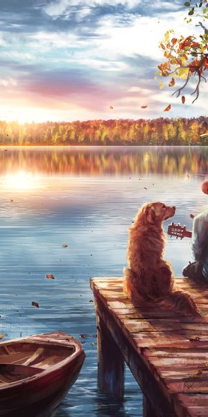 Beautiful Autumn Evening with Dog and Guitar by the Lake