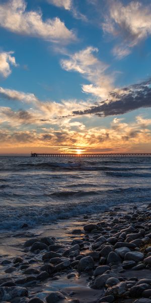 Phone wallpaper: Sunset, Sky, Stones, Sea, Pier, Nature free download