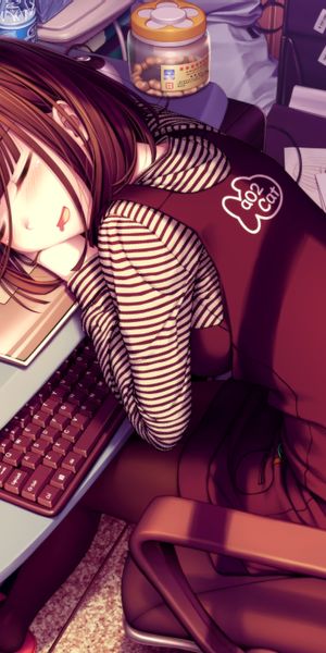 Anime Girl Sleeping at the Computer - Perfect Mobile Wallpaper