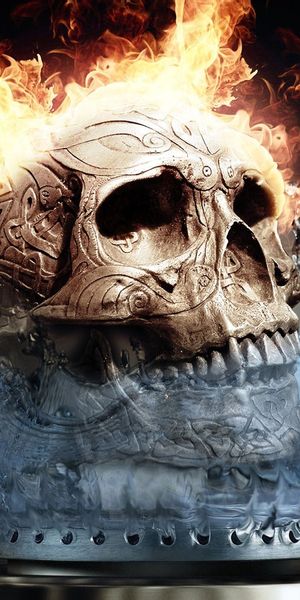 Intriguing mobile wallpaper of a flaming skull encased in water