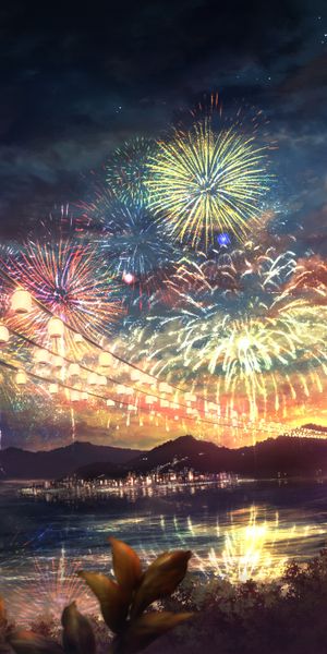 Colorful Fireworks Festival Over the Tranquil Lake at Sunset