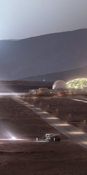 Futuristic Space Landscape Featuring Astronauts and Vehicles