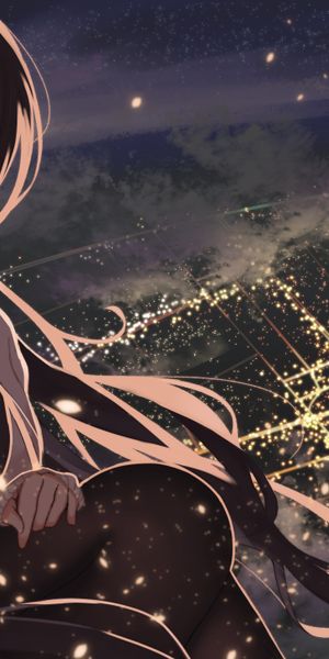 Phone wallpaper: Anime, Night, City, Smile, Brunette, Blue Eyes, Original, Glitter, School Uniform,