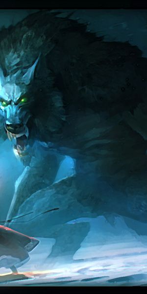 Free phone wallpaper featuring a dark werewolf in a mystical forest setting