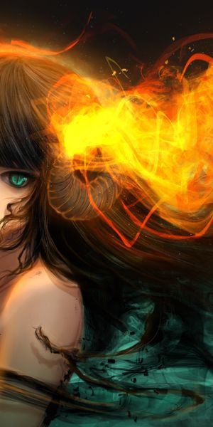 Phone wallpaper: Anime, Fire, Girl, Hair, Horns, Green Eyes, Black Hair, Long Hair free download