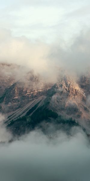 Phone wallpaper: Mountains, Fog, Sky, Clouds, Rocks, Nature free download