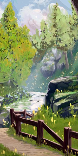 Serene Nature Pathway with a Wooden Fence and Vibrant Grass