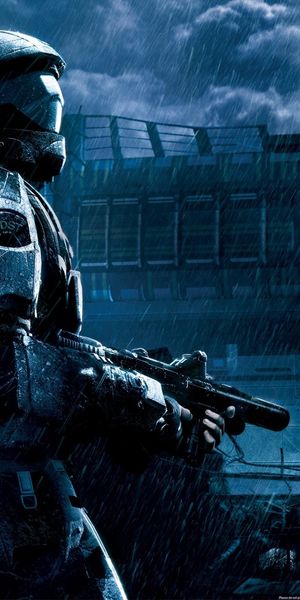 Epic Halo iPhone Wallpaper: A Blue Rainy Scene with a Soldier