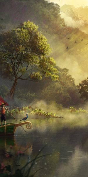 Serene Dawn on the River with a Boat in Fog