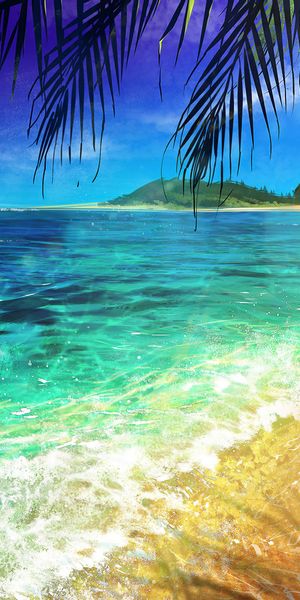 Breathtaking HD phone wallpaper featuring a serene beach, palm trees, and ocean waves