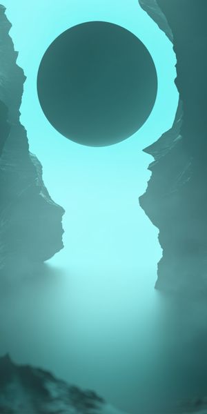 Mysterious Fog and Moon Over Rocky Landscape