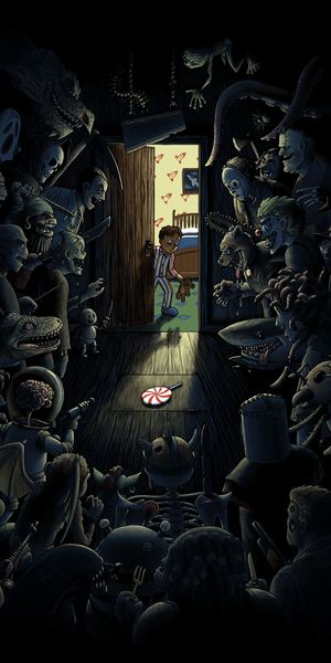 Chilling Mobile Wallpaper Featuring a Scary Child and Monsters