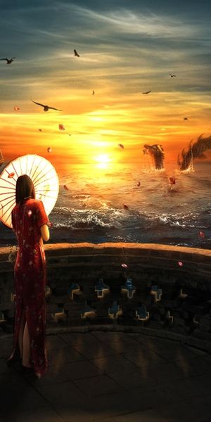 Phone wallpaper: Fantasy, Sunset, Sea, Sakura, Ocean, Dragon, Asian, Parasol free download