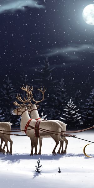 Santa Claus with Reindeer Sleigh in a Snowy Night Scene