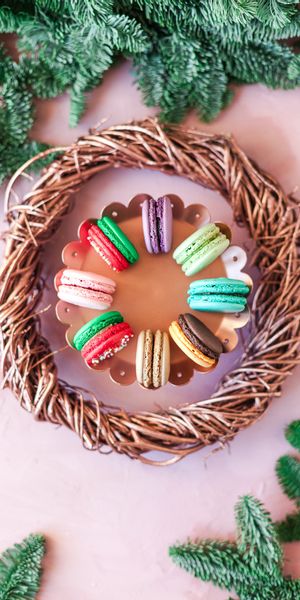 Phone wallpaper: Basket, Macaroons, Makaroons, Motley, Food, Multicolored, Cookies, Desert free down