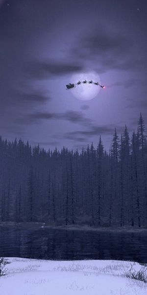 Santa Flying Over a Winter River at Night