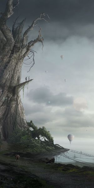 Gothic Fantasy Landscape with Enchanting Balloons - High-Quality Phone Wallpaper