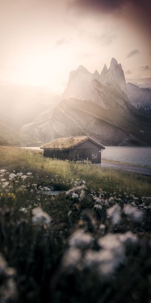 Phone wallpaper: Small House, Nature, Grass, Fog, Mountains, Lodge, Lake free download